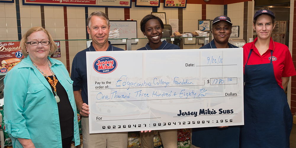 Jersey Mike’s recently raised $1,380 for scholarships at Edgecombe Community College. From left are Karen Andrus, executive director of the ECC Foundation; Chris Wooten, owner of Jersey Mike’s; and Jersey Mike’s personnel Dequnisha Clark, manager Margaret Clark, and Sarah Wooten.