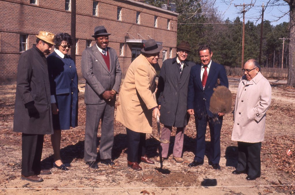 Photo: A ground-breaking ceremony was held in 1976 for the first new educational building construction at Edgecombe Technical Institute. Pictured beginning second from the left are Bea Satterwaite; trustees Dr. Moses Ray, Jack Havens, and Dr. Thomas Fleming; Charles McIntyre; and trustee R.D. Armstrong. 