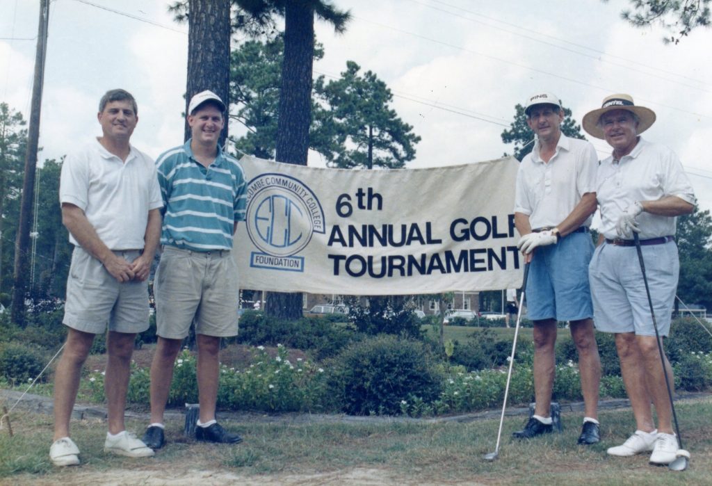 Photo: Established in 1982, the Edgecombe Community College Foundation is a non-profit organization set up to receive donations to the college. The organization’s annual golf tournament raises more than $20,000 annually for student scholarships. In 1991, amateur golfer and Tarboro native Harvie Ward was the star attraction. From left, pictured with Ward (far right) are Charlie Harrell, Lee Edmondson, and Curtis Edmondson.